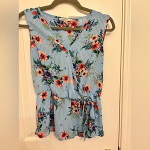 Moa Moa Blue Floral Wrap Tie Waist Sleeveless Blouse Feminine Casual Top Small